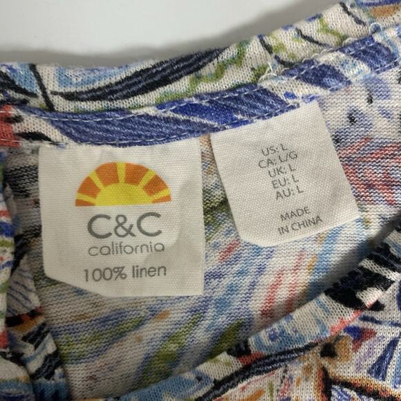 C&C California Shirt‎ Womens Large 100% Linen Button Back Cap Sleeve Tropical L - Picture 4 of 7